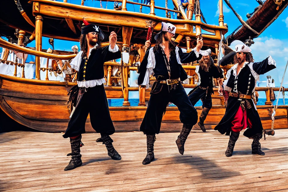Pirates in costumes dancing on wooden ship deck under clear blue skies