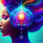 Colorful Cosmic Hair and Glowing Mandala Side Profile
