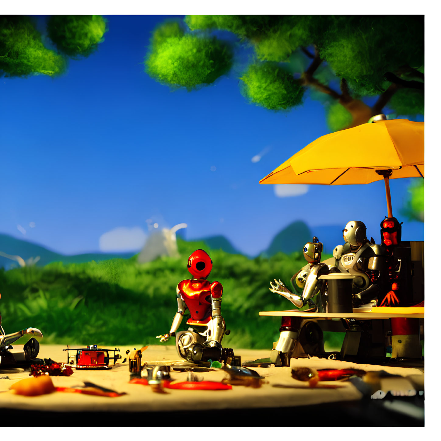 Toy scene featuring humanoid robots relaxing under umbrella