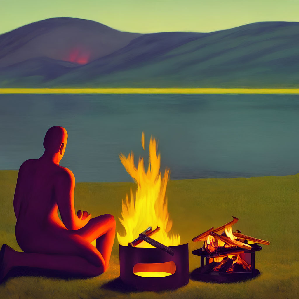 Person by Campfire at Lake with Hills: Peaceful Sunset/Dawn Scene