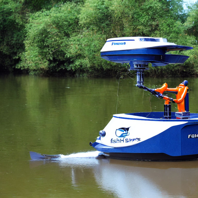 Robotic boat with FishSharks branding on calm river with mechanical arm & water monitoring.