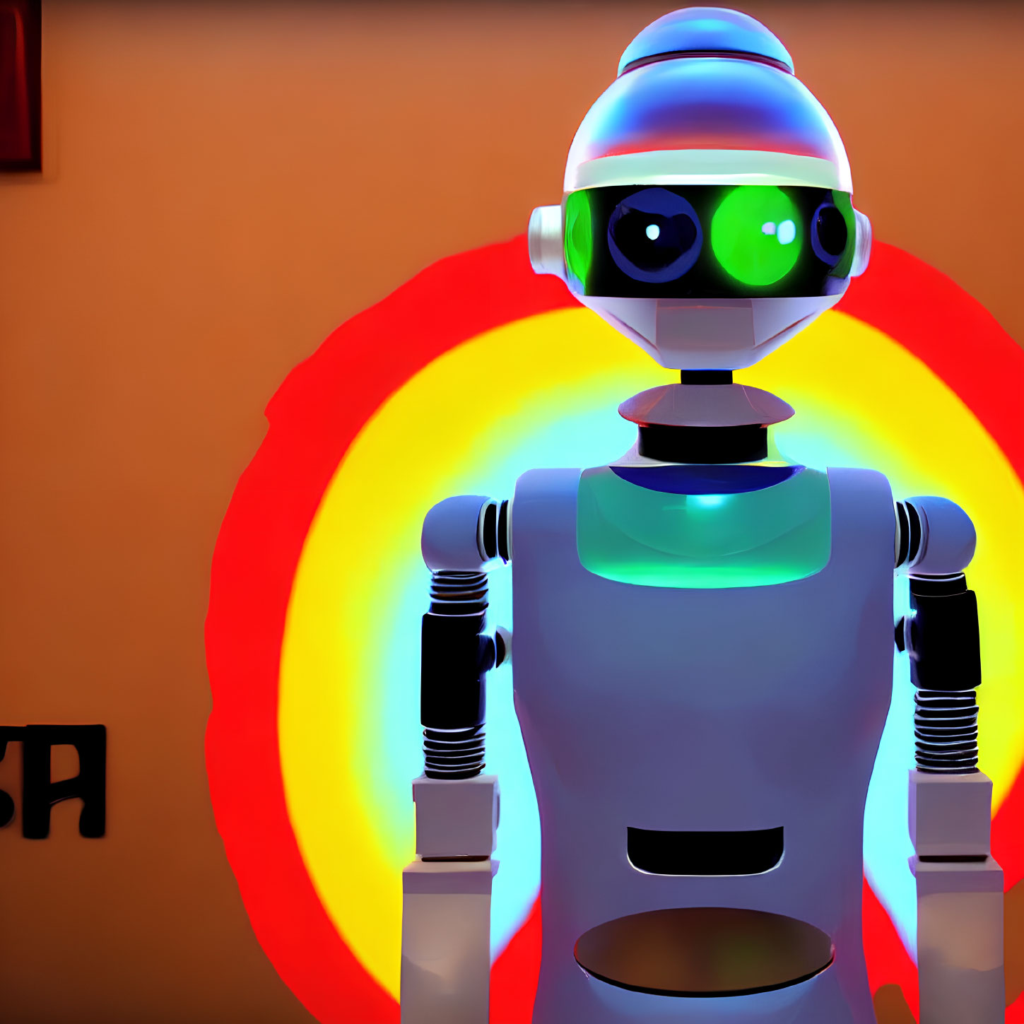 Round-headed cartoon robot with green eyes and visor on vibrant orange and yellow backdrop