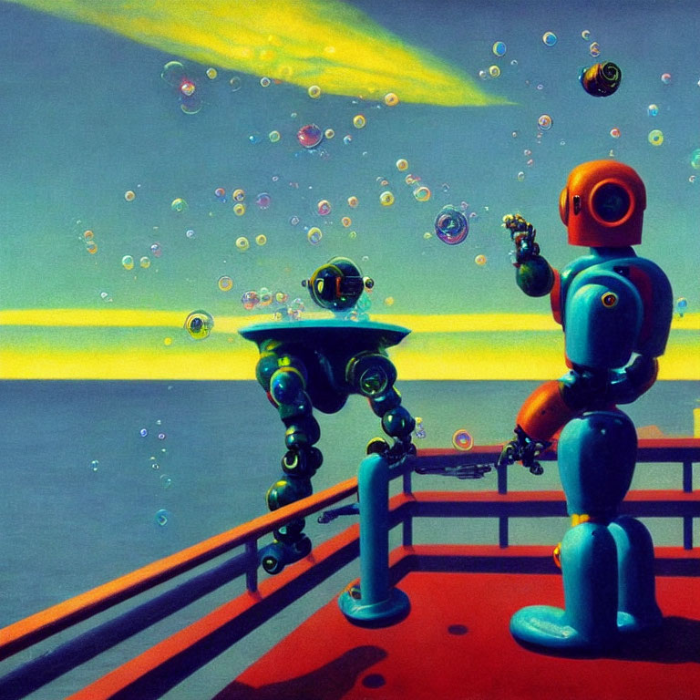 Robots on ship deck surrounded by bubbles in serene ocean setting