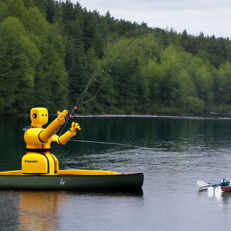 Yellow Robotic Figure Fishing on Kayak in Serene Lake with Green Trees