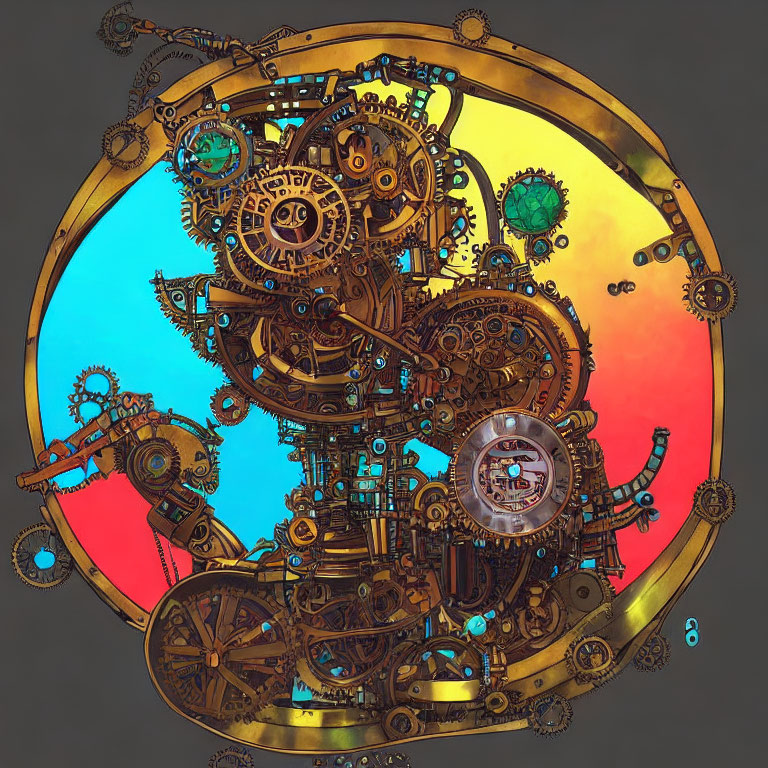 Steampunk Clockwork Design with Gears on Blue to Amber Gradient Background