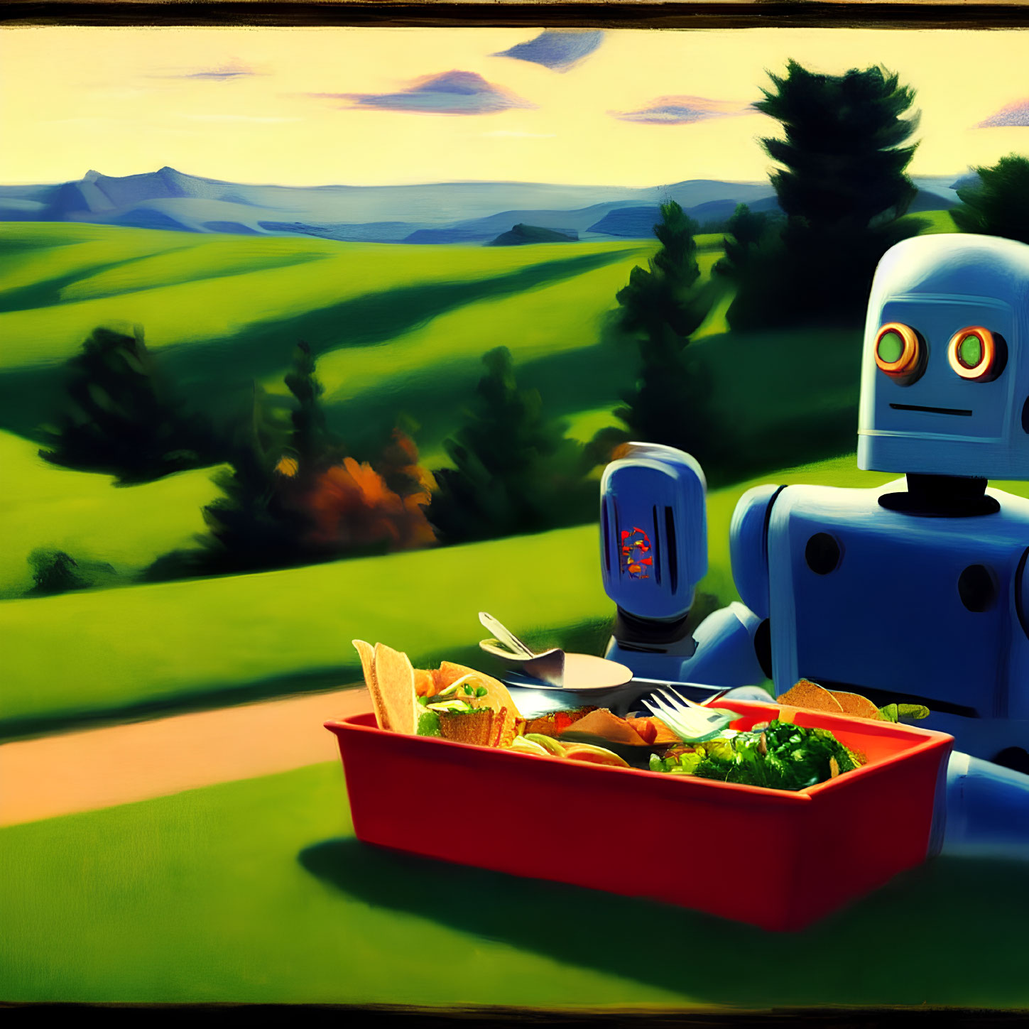 Robot with lunchbox on grassy hillside in hilly landscape.