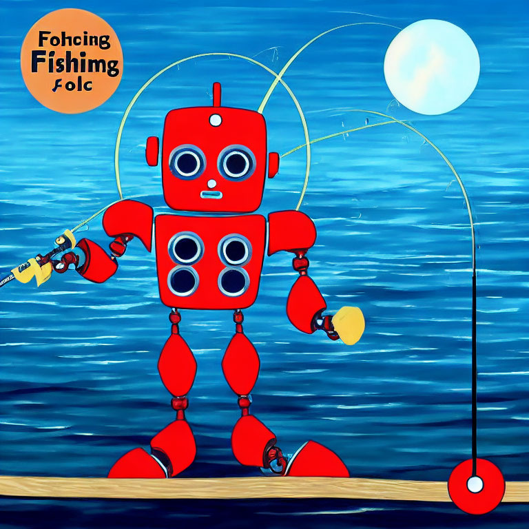 Whimsical red robot fishing at sea under bright sky