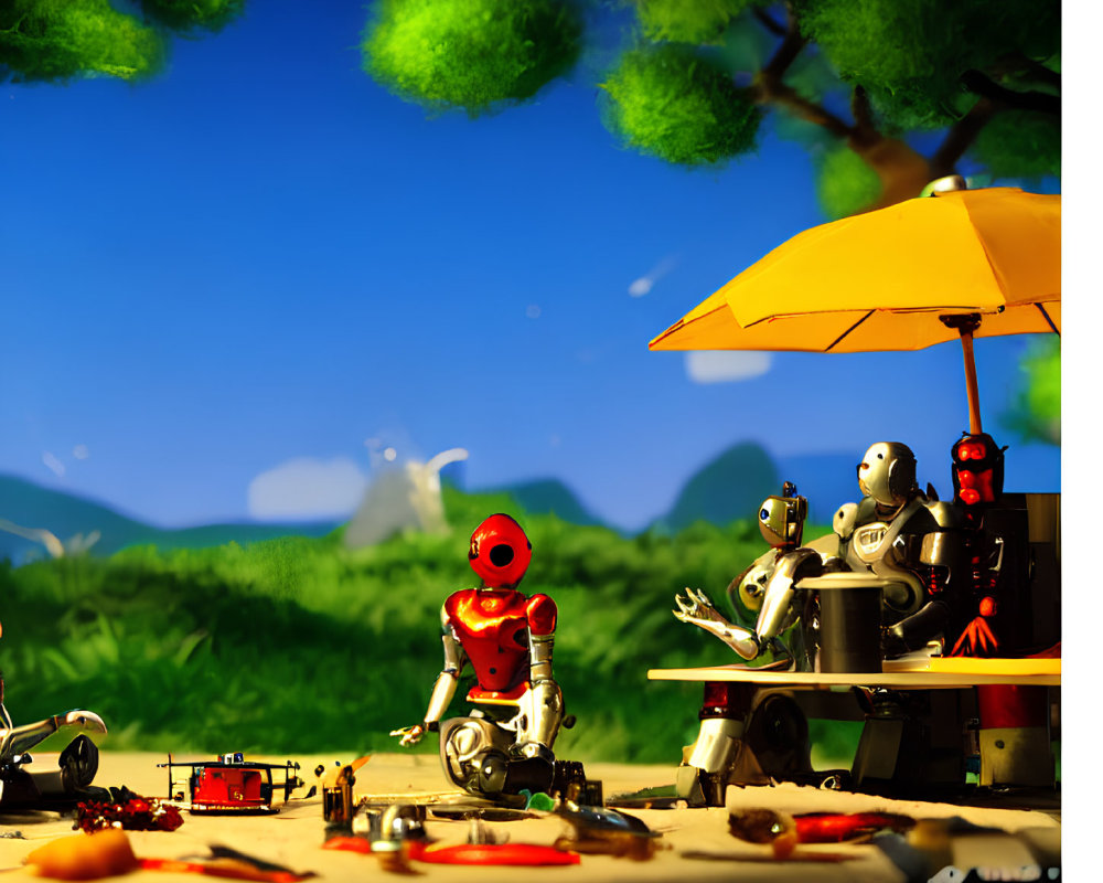 Toy scene featuring humanoid robots relaxing under umbrella