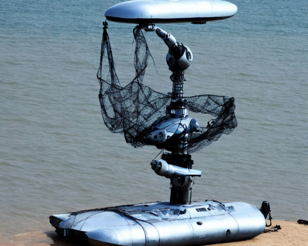 Human Figure Mechanical Sculpture with Surfboard Hat and Deflated Raft Seated by Shore