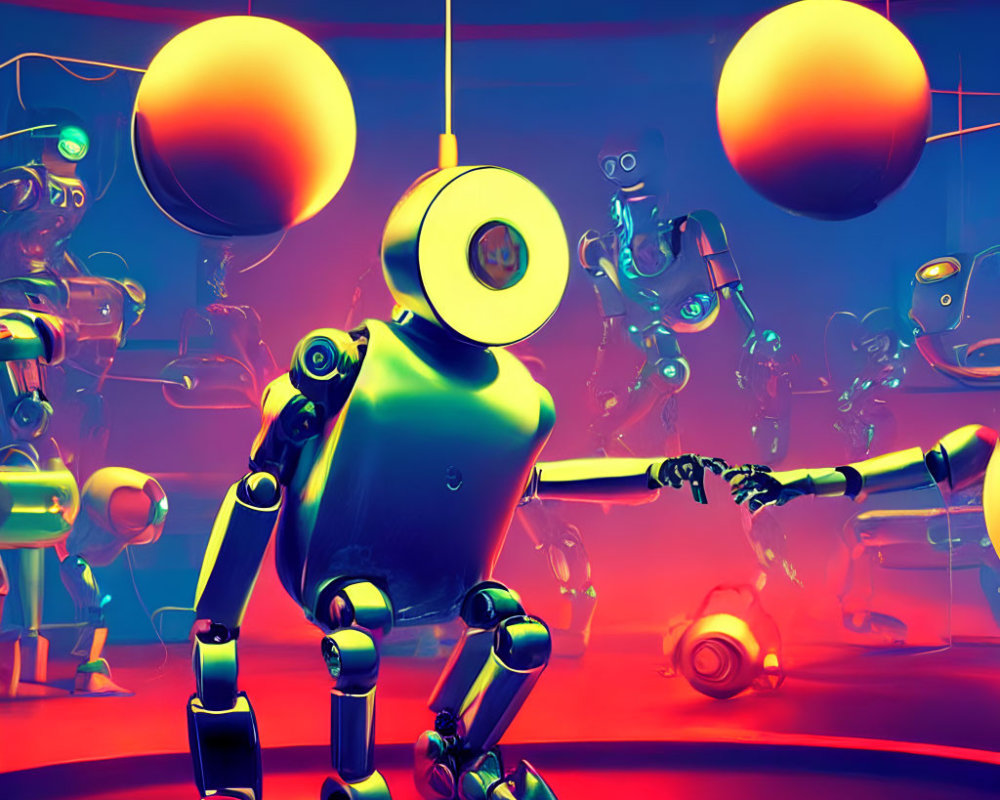 Colorful 3D robot dancing in vibrant room