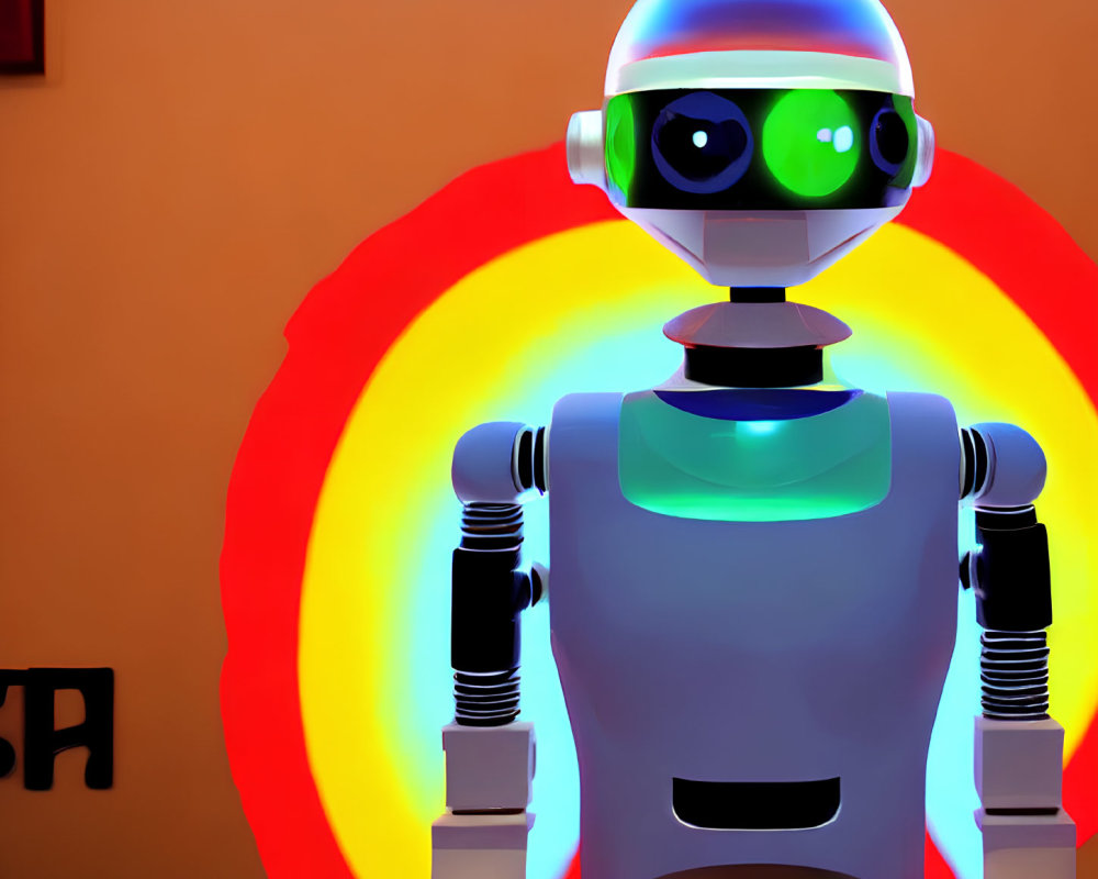 Round-headed cartoon robot with green eyes and visor on vibrant orange and yellow backdrop
