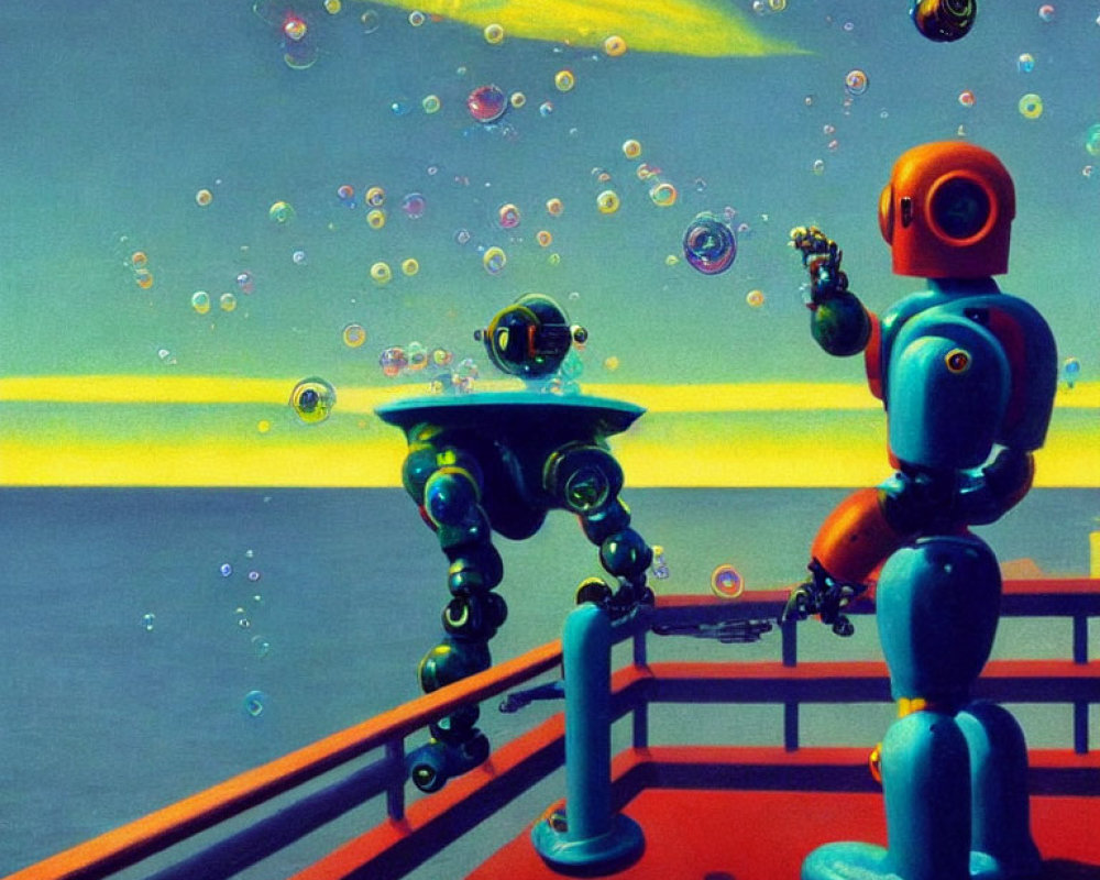 Robots on ship deck surrounded by bubbles in serene ocean setting