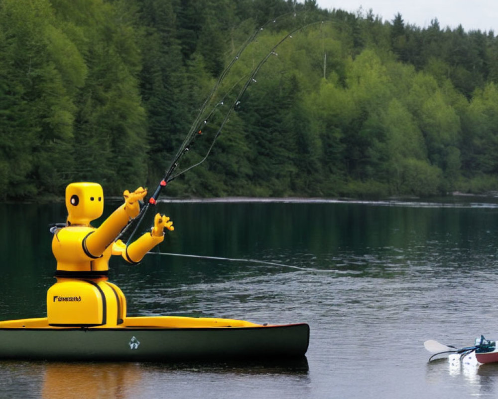 Yellow Robotic Figure Fishing on Kayak in Serene Lake with Green Trees