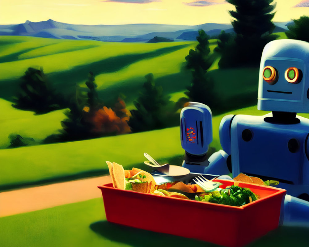Robot with lunchbox on grassy hillside in hilly landscape.