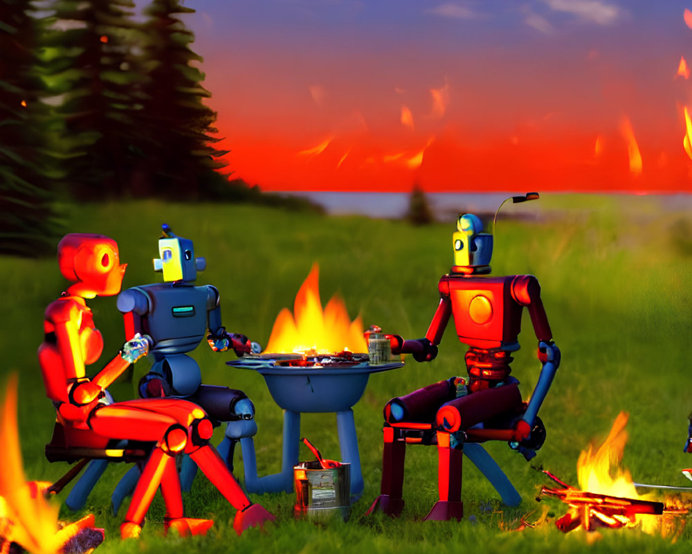 Animated robots grilling outdoors at campfire with vibrant sunset and greenery