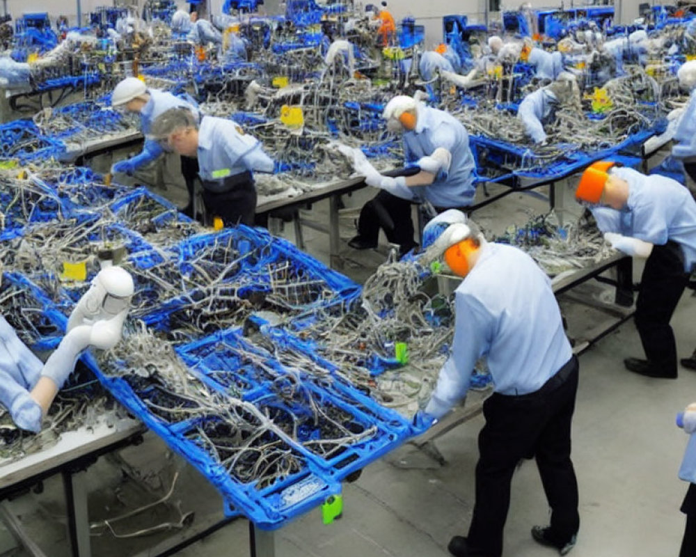 Industrial workers assembling complex wiring systems on production tables