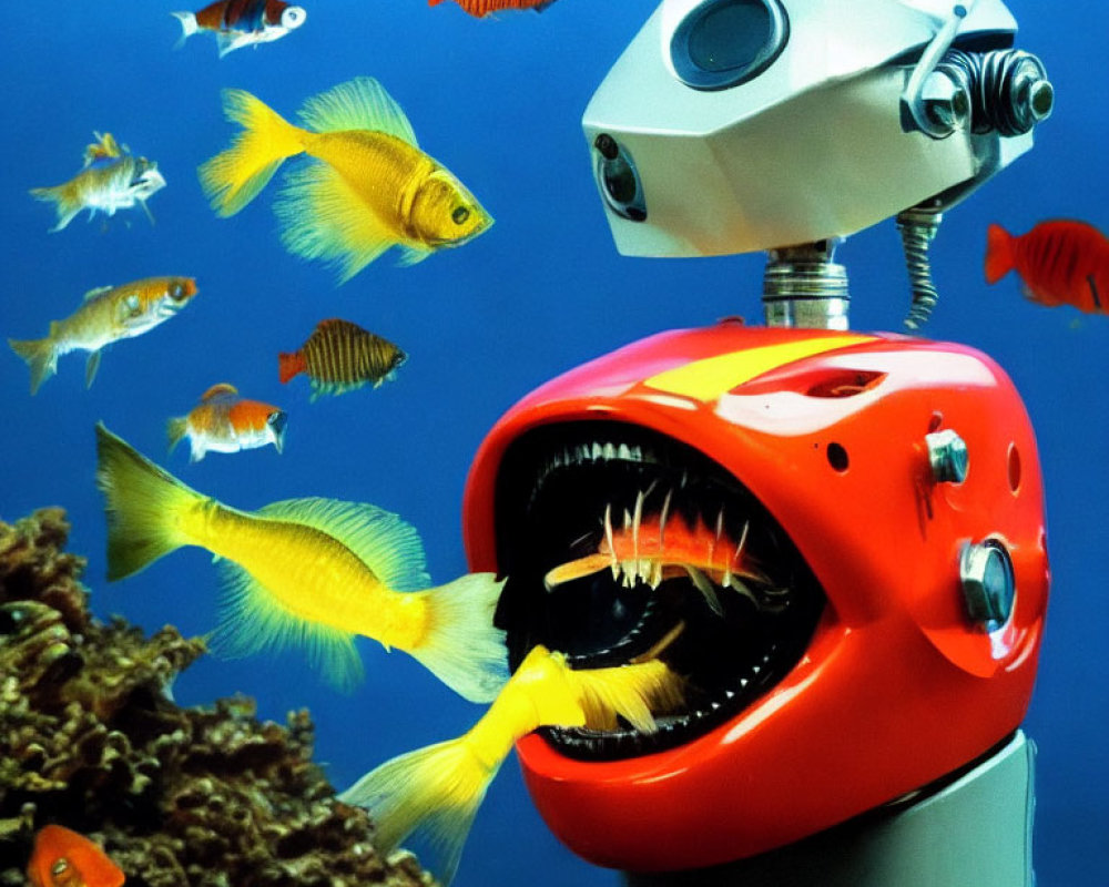 Colorful Underwater Scene with Red Robotic Fish Head