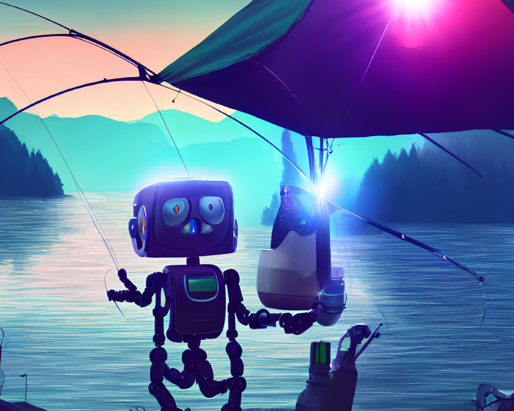 Robot fishing at sunset by serene lake with campfire and gear