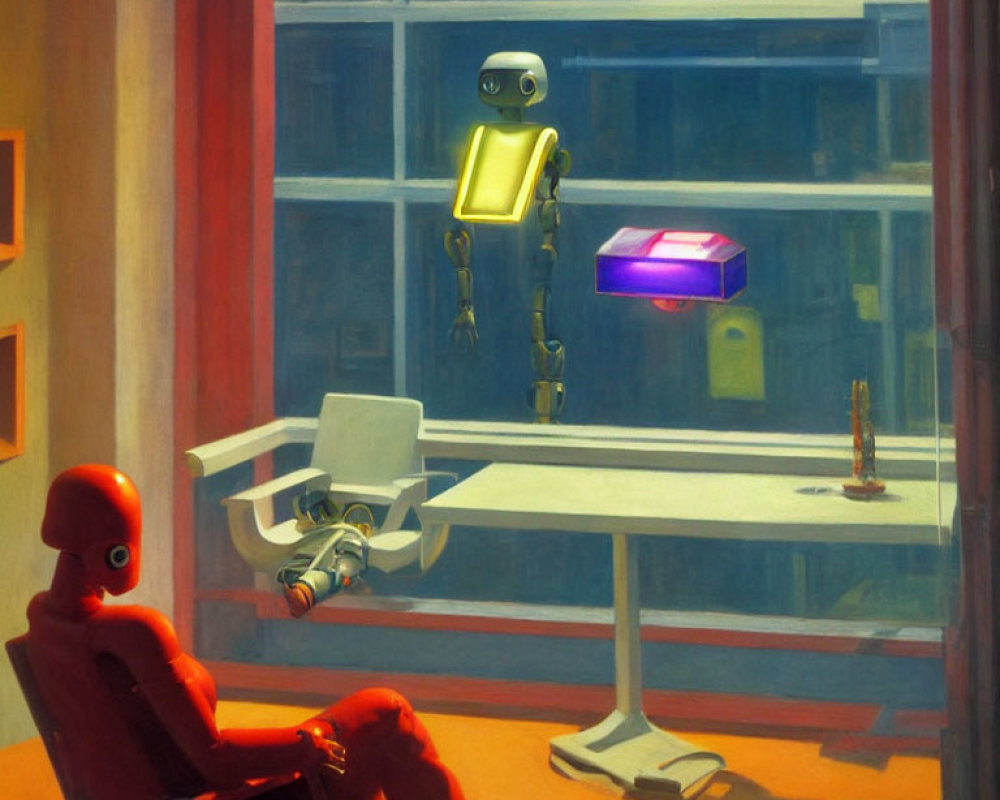 Golden touchpad robot gazes at floating purple book, red figure at desk.