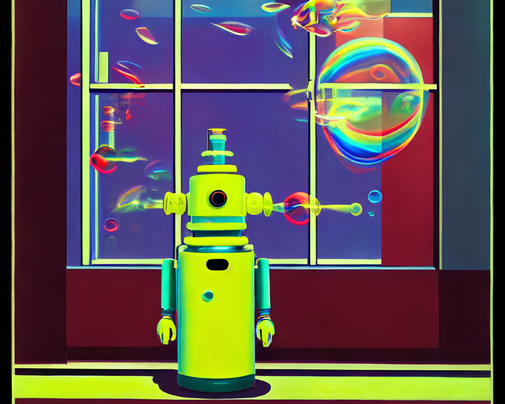 Colorful retro-style robot illustration with bubbles and vibrant colors