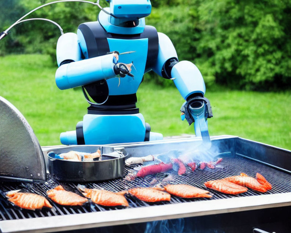 Blue and white robot grilling fish outdoors with spatula, smoke rising