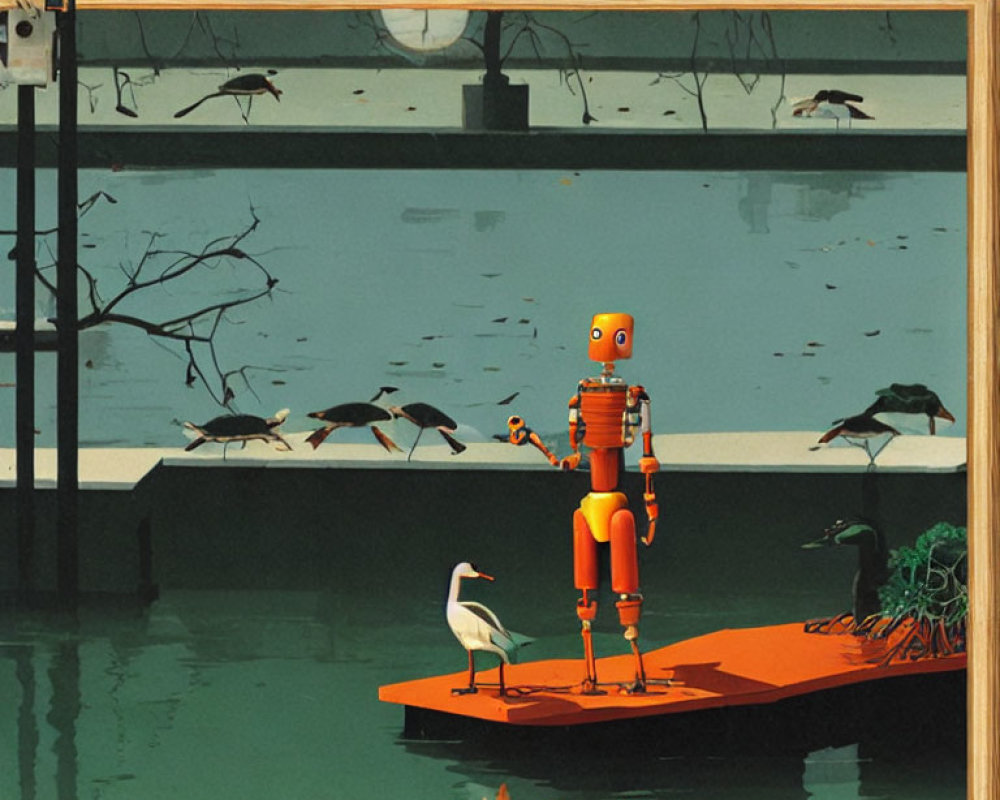 Robot fishing on orange raft with bird in tranquil autumn pond