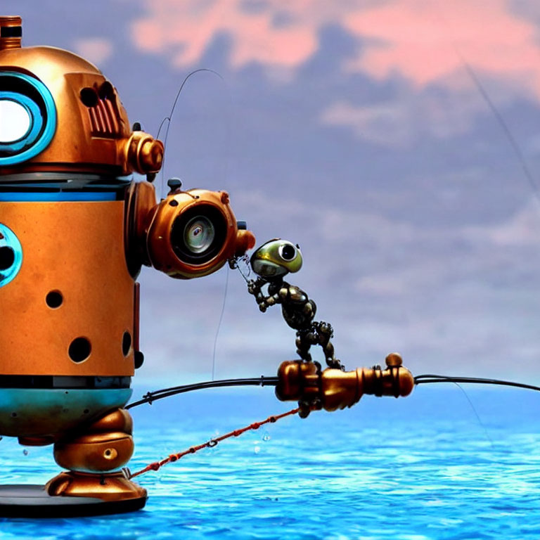 Small and large robots fishing on serene blue water with pink and blue sky