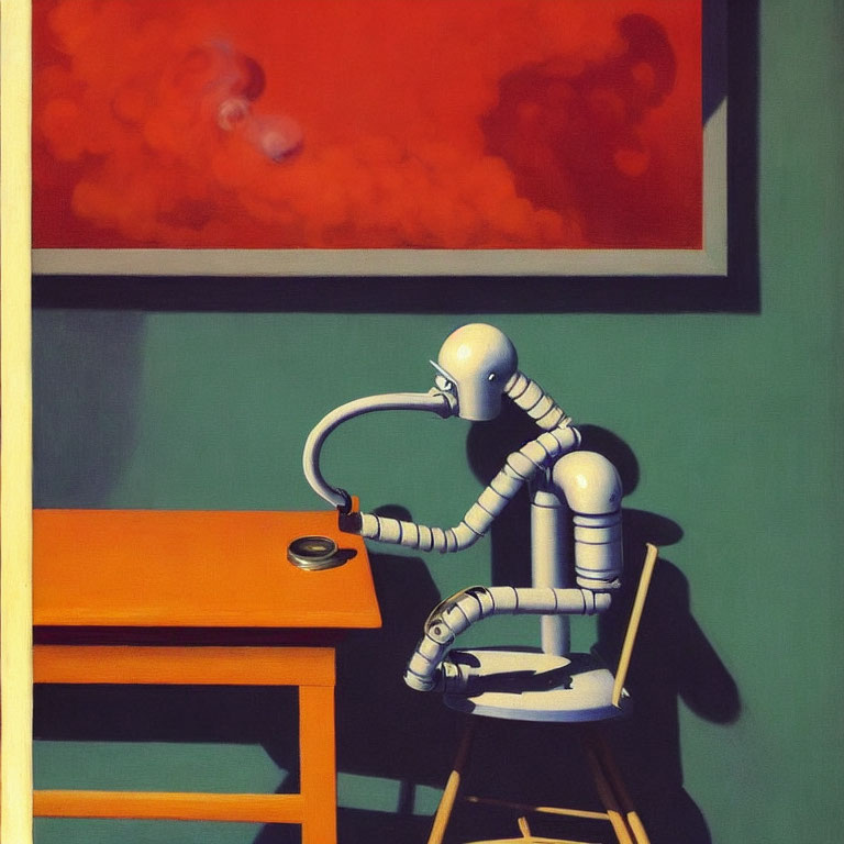 Humanoid robot examines object at table with red abstract painting.