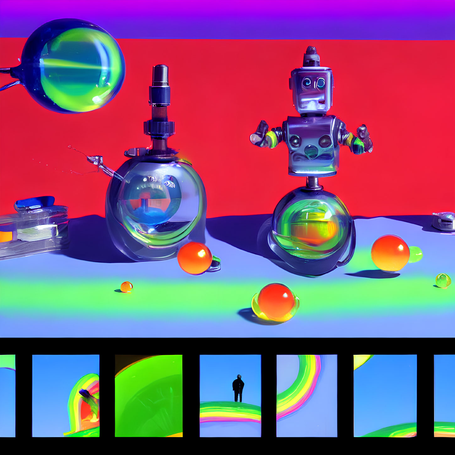 Vibrant robot with glass objects on reflective surface