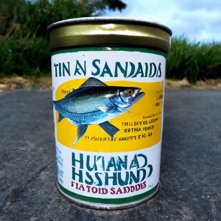 Fish illustration on tin can label with plants and stones in background