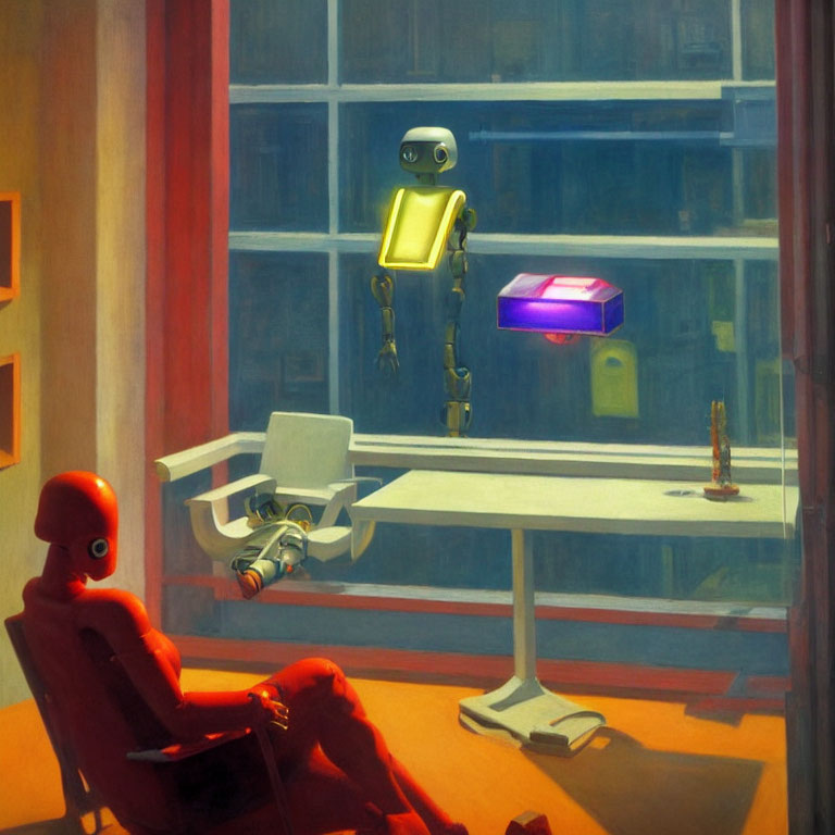 Golden touchpad robot gazes at floating purple book, red figure at desk.