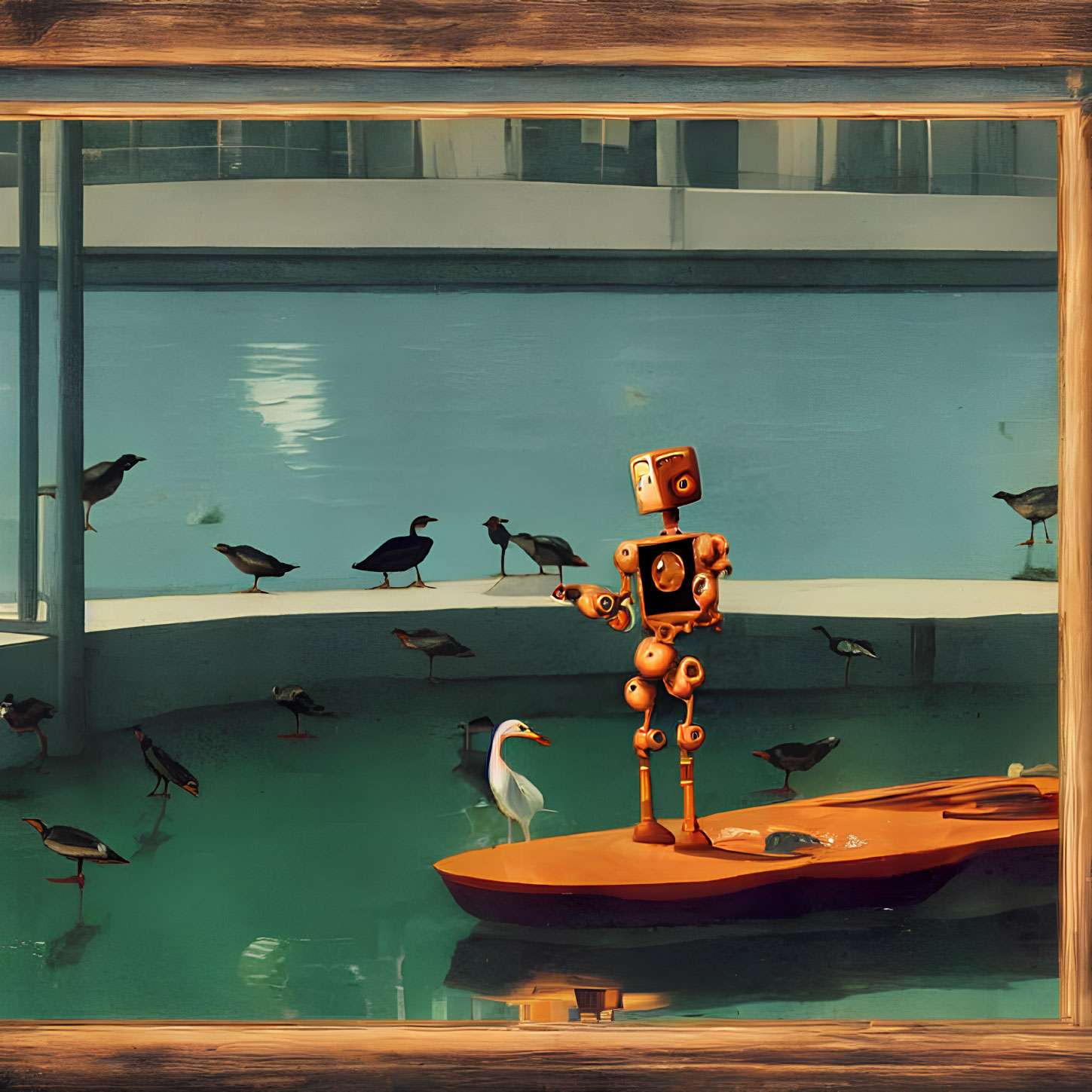 Whimsical wooden robot on orange boat with birds and serene pool reflection