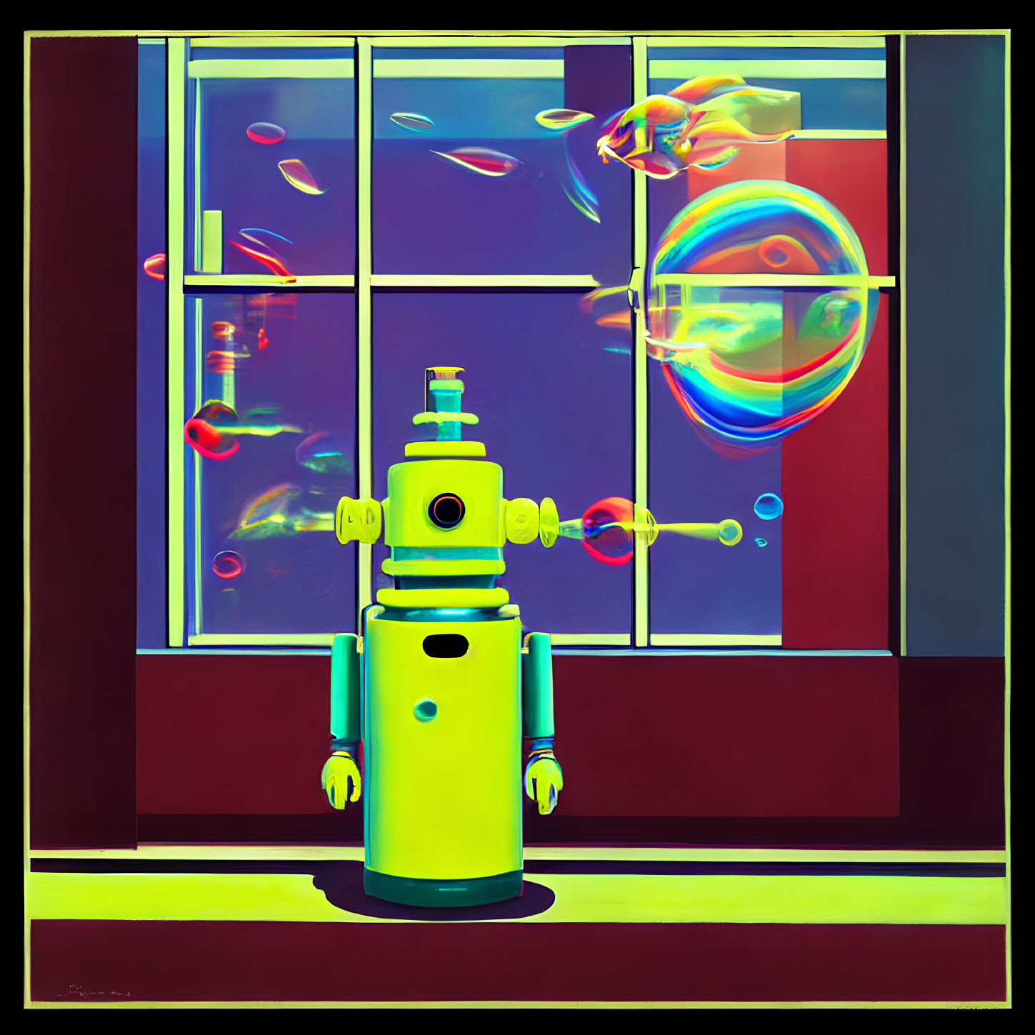 Colorful retro-style robot illustration with bubbles and vibrant colors