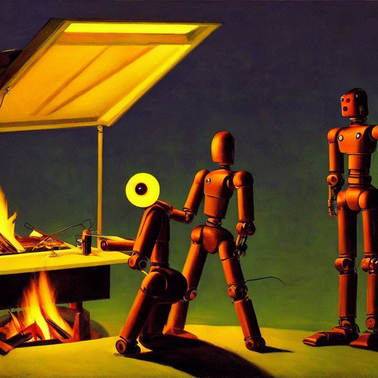 Wooden artist mannequins by campfire with vinyl record, lamp, and burning turntable
