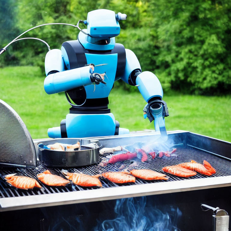 Blue and white robot grilling fish outdoors with spatula, smoke rising