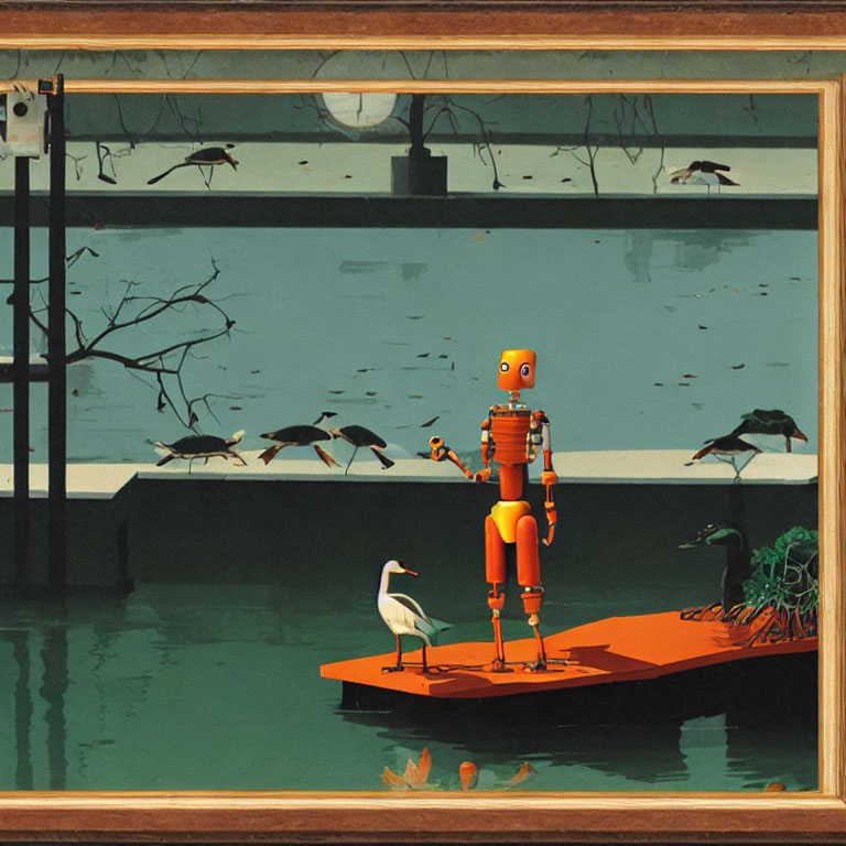 Robot fishing on orange raft with bird in tranquil autumn pond