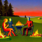 Animated robots grilling outdoors at campfire with vibrant sunset and greenery