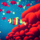 Colorful robotic submarine explores vibrant coral reefs in underwater scene