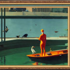 Whimsical wooden robot on orange boat with birds and serene pool reflection
