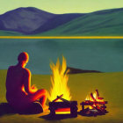 Person by Campfire at Lake with Hills: Peaceful Sunset/Dawn Scene