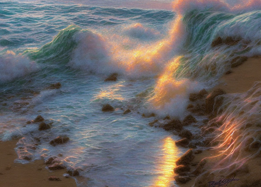 Sunlit Waves Crashing on Sandy Shore
