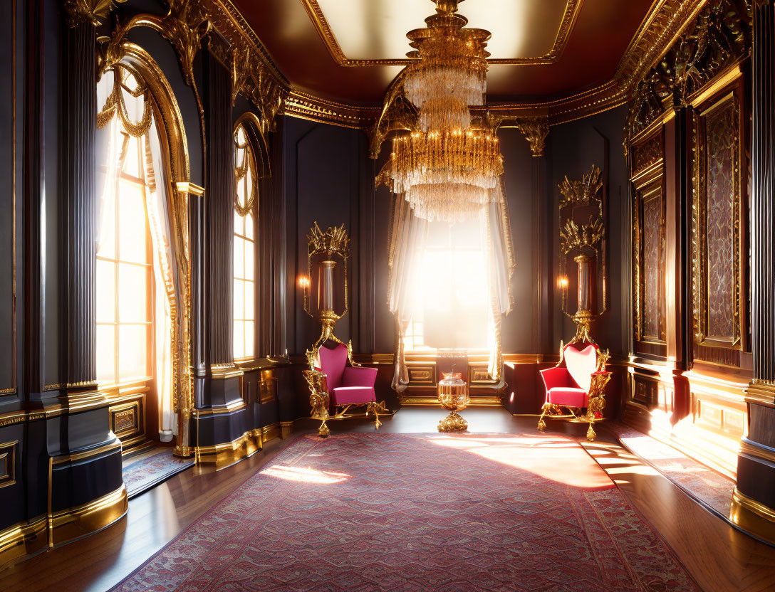 Luxurious Baroque-style room with crystal chandelier, golden trims, magenta chairs, and