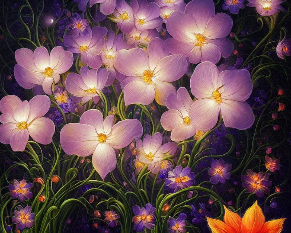 Detailed illustration of purple and yellow flowers in a fairy-tale setting