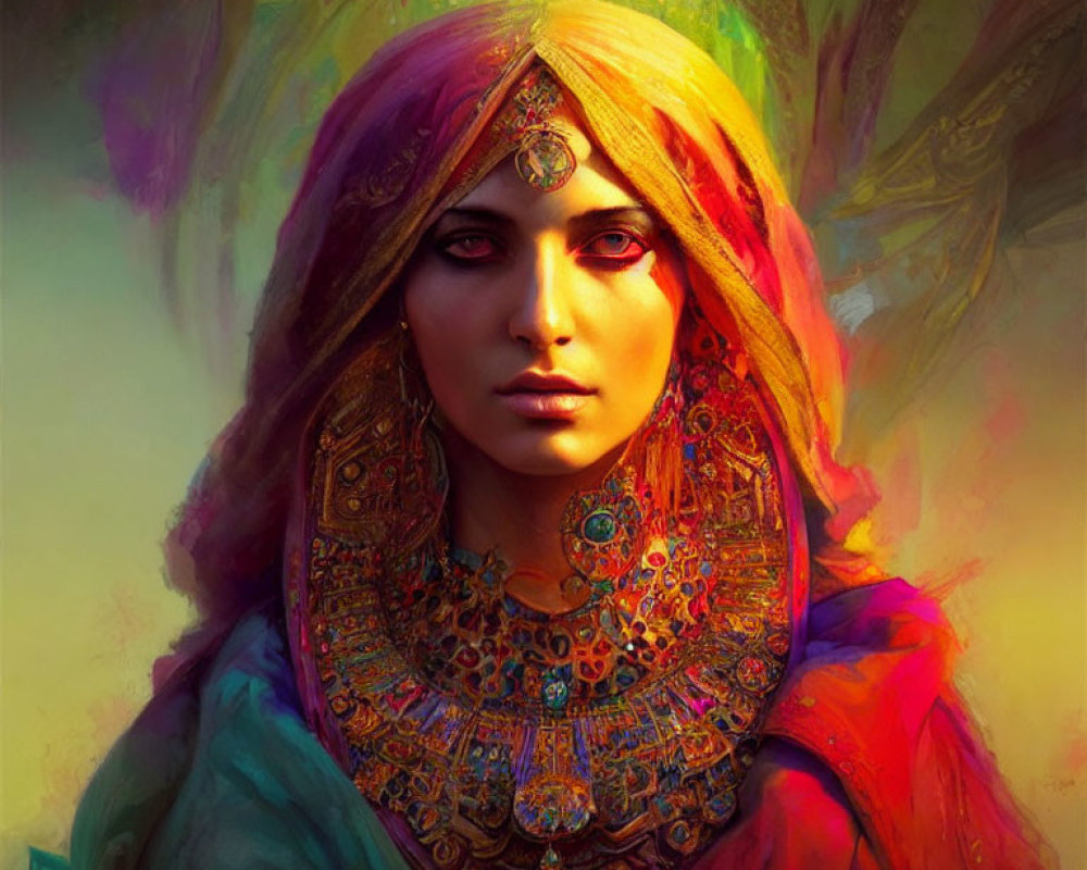 Colorful Portrait of Woman with Jeweled Headpiece and Necklace