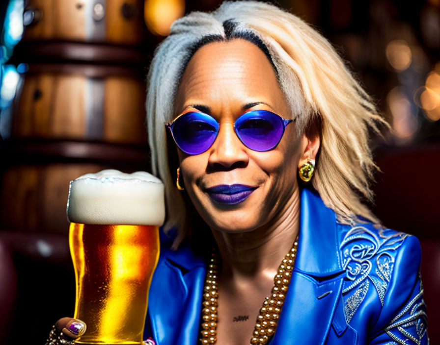 Gray-haired woman in blue sunglasses with beer in vibrant bar