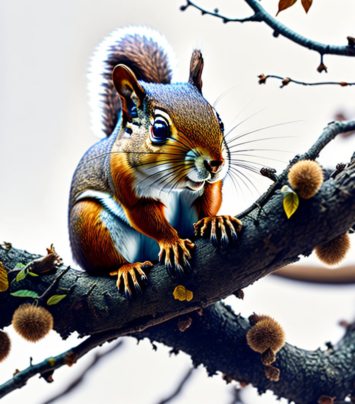 Colorful Squirrel Illustration on Branch with Leaves