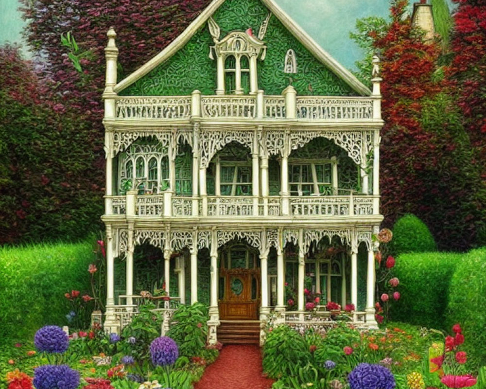 Victorian-Style House with White Trim, Gardens, and Brick Path