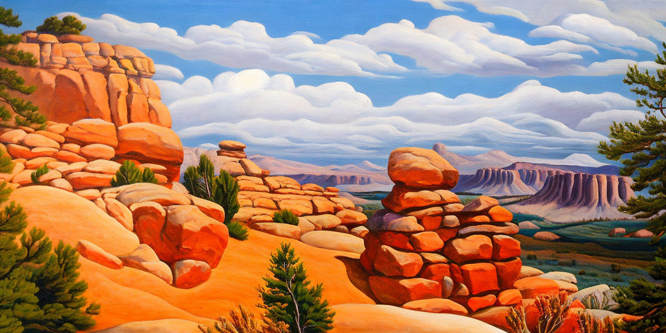 Desert landscape painting with red rock formations under blue sky