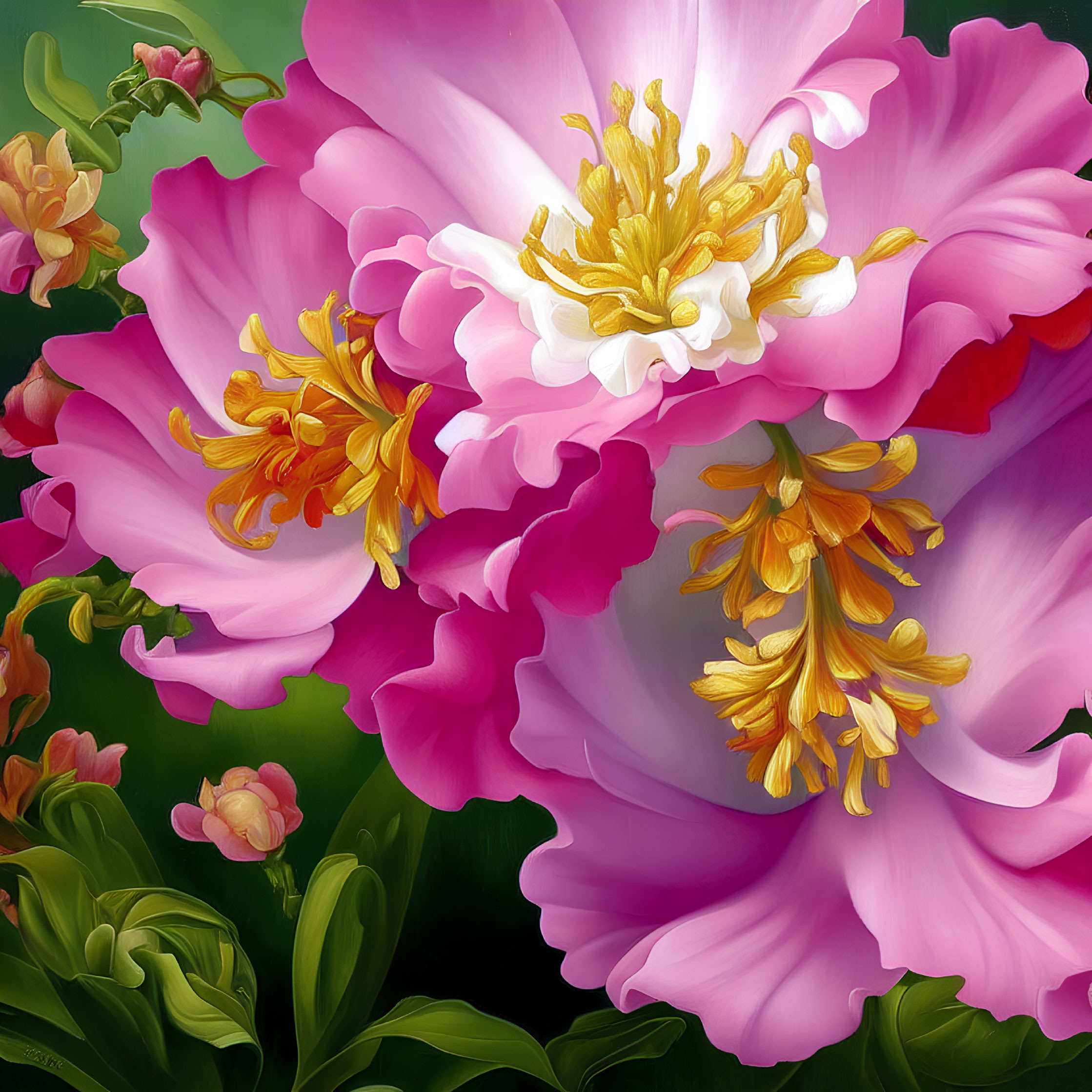 Bright pink peonies with golden stamens on green background