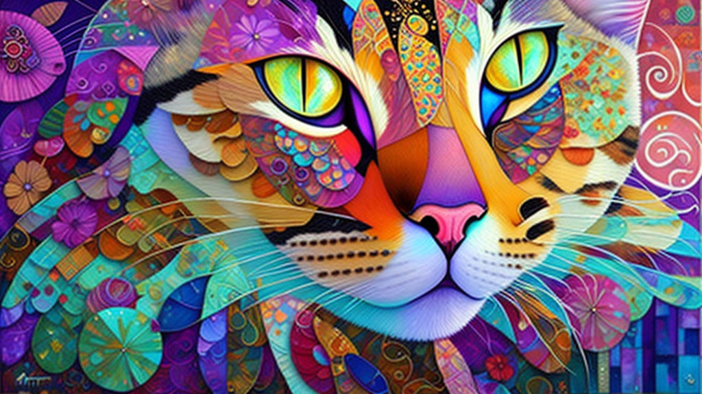 Colorful Cat Face Mosaic with Swirling Shapes